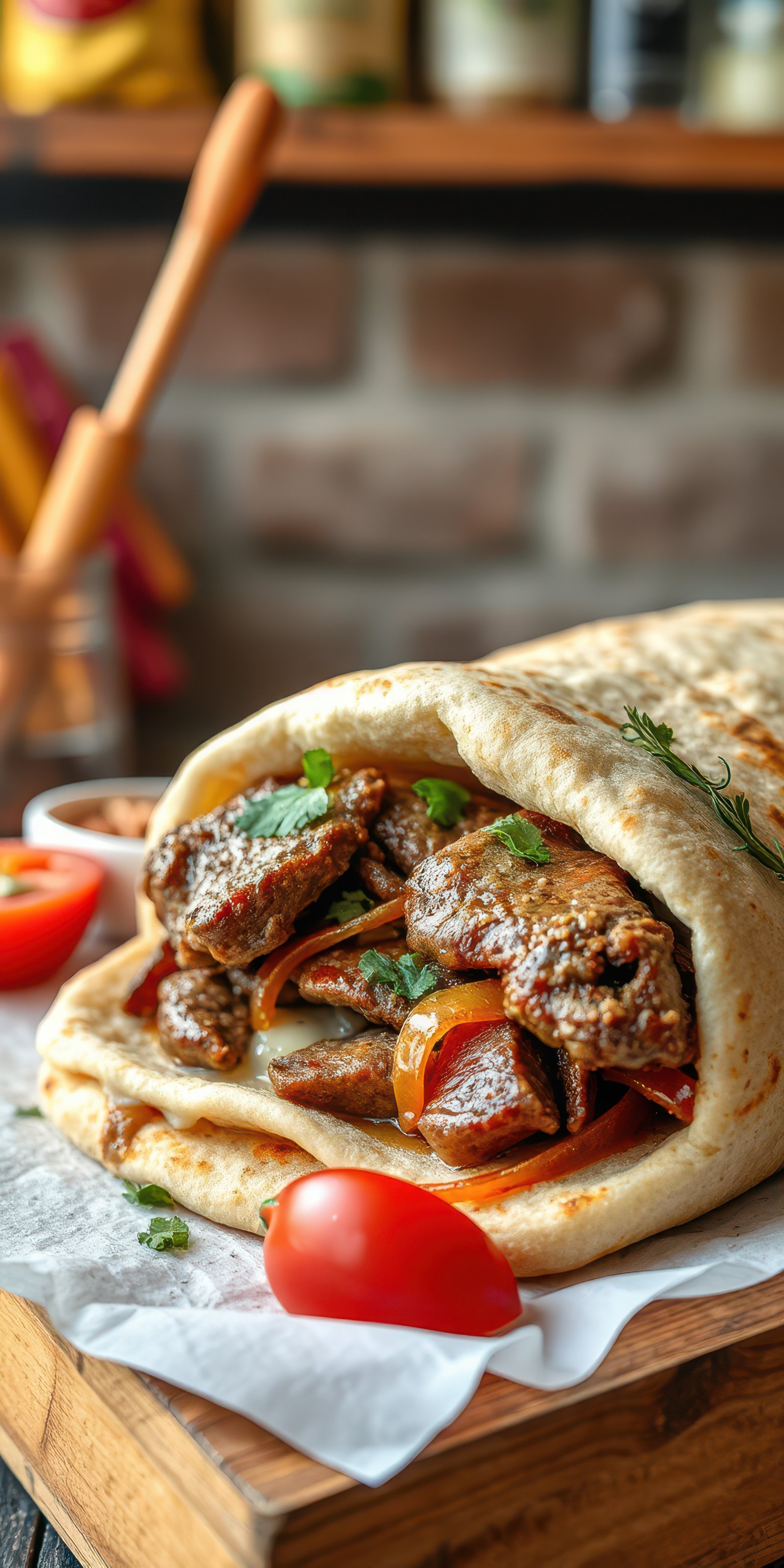 Succulent wrap filled with seasoned meat and fresh vegetables served on a wooden table